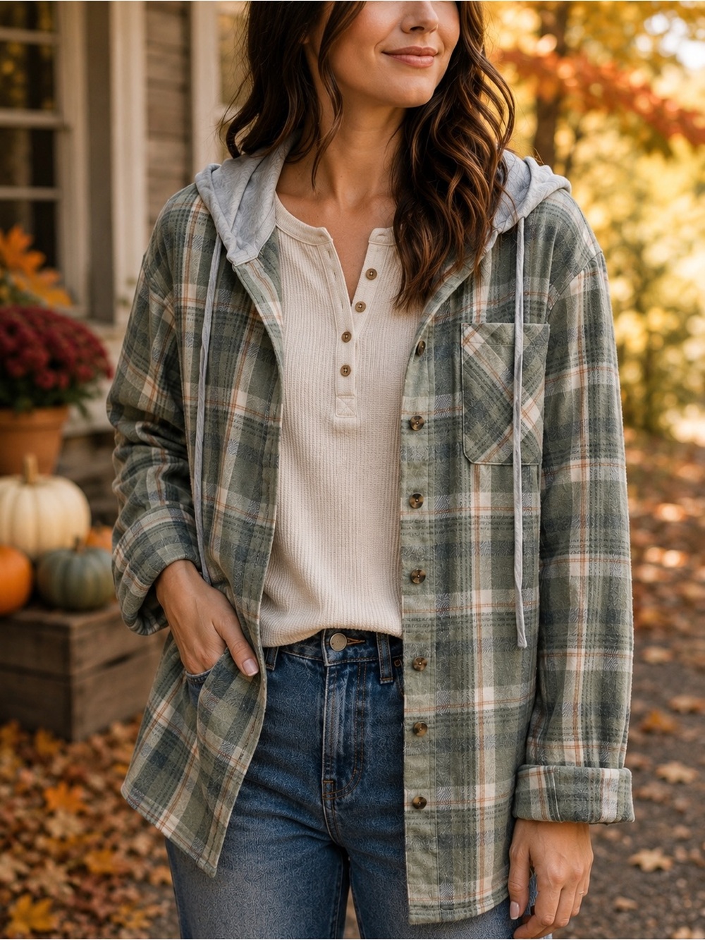 Lightweight Hooded Plaid Flannel Button Front Shirt Sage Green - Picture 1 of 7